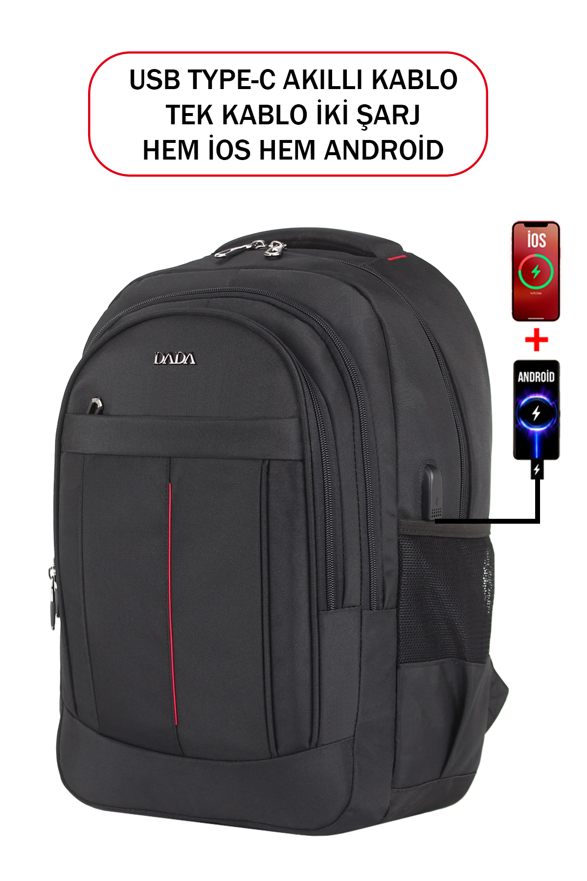 iOS ve Android uyumlu USB şarj özellikli siyah DADA sırt çantası.