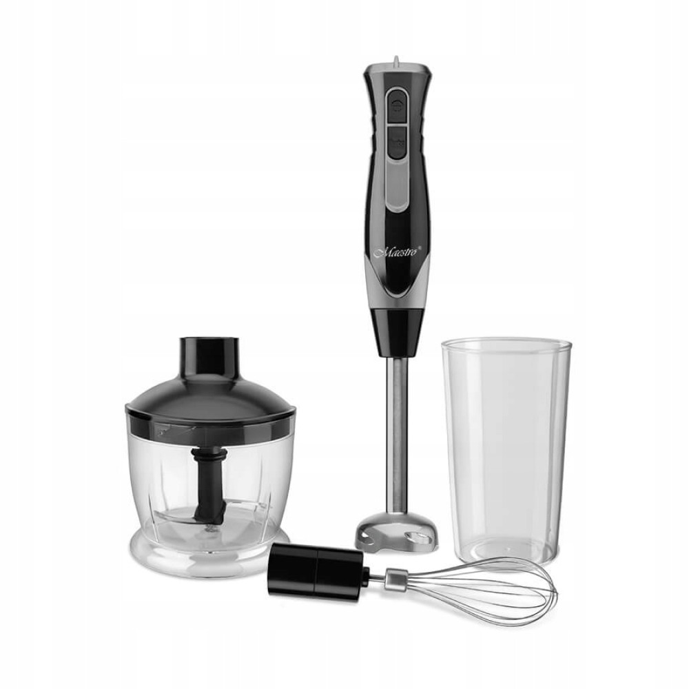 Czarny blender ręczny z rozdrabniaczem, trzepaczką i miarką na białym tle.