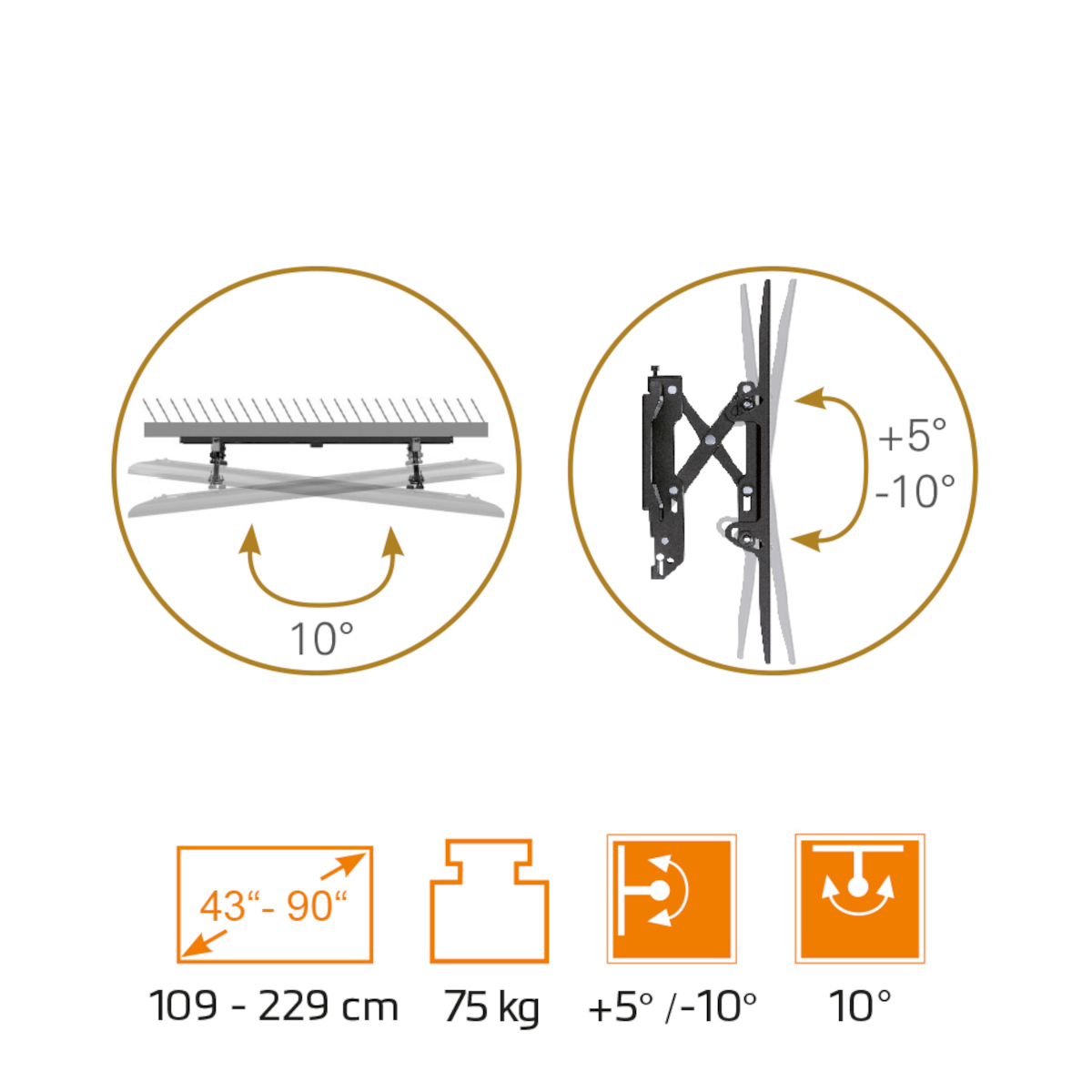 Diagramm einer Decken-TV-Halterung mit 10° Drehung, +5°/-10° Neigung, für 43–90 Zoll und 75 kg Bildschirme.