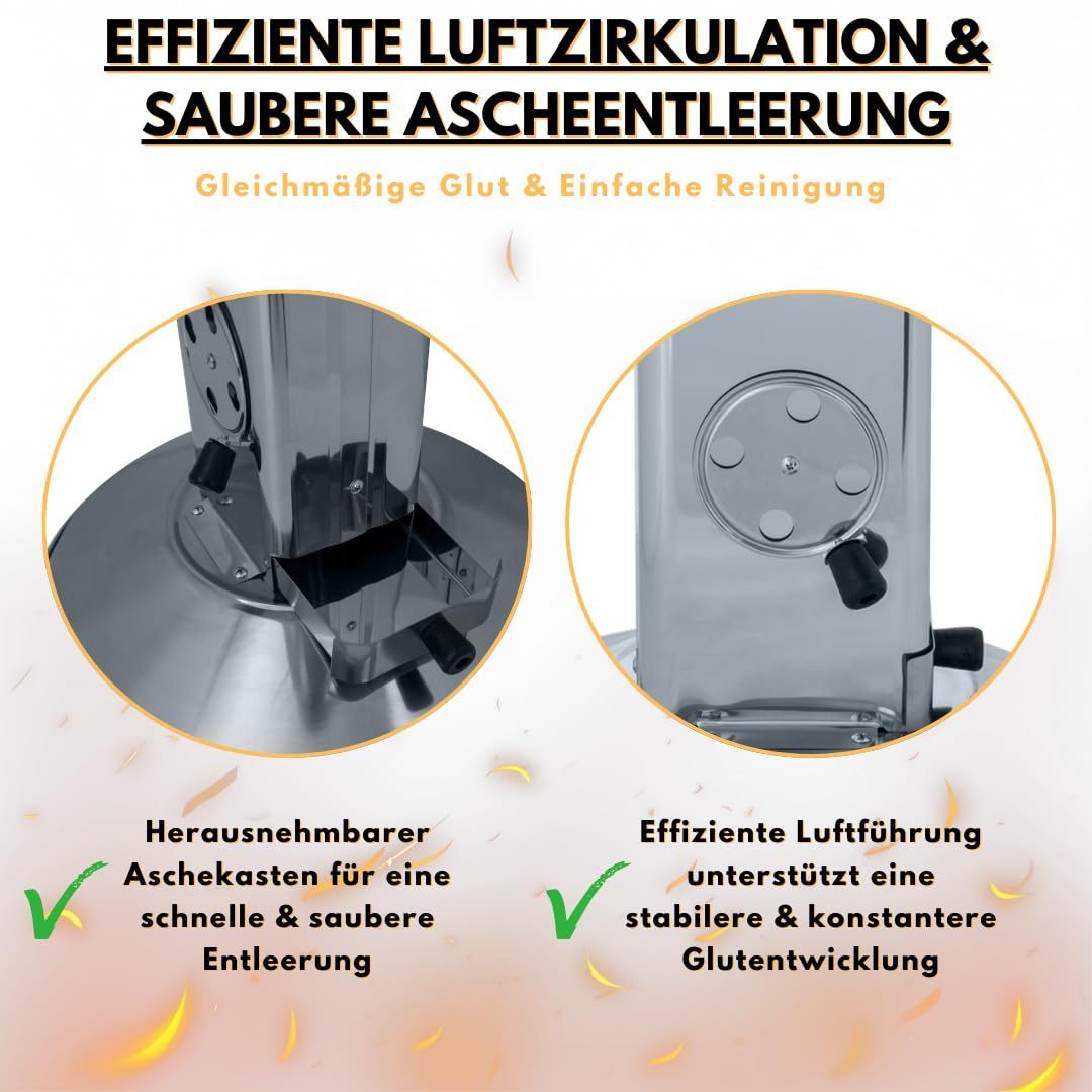 Gril en acier inoxydable avec cendrier amovible et flux d'air réglable pour des braises optimales.