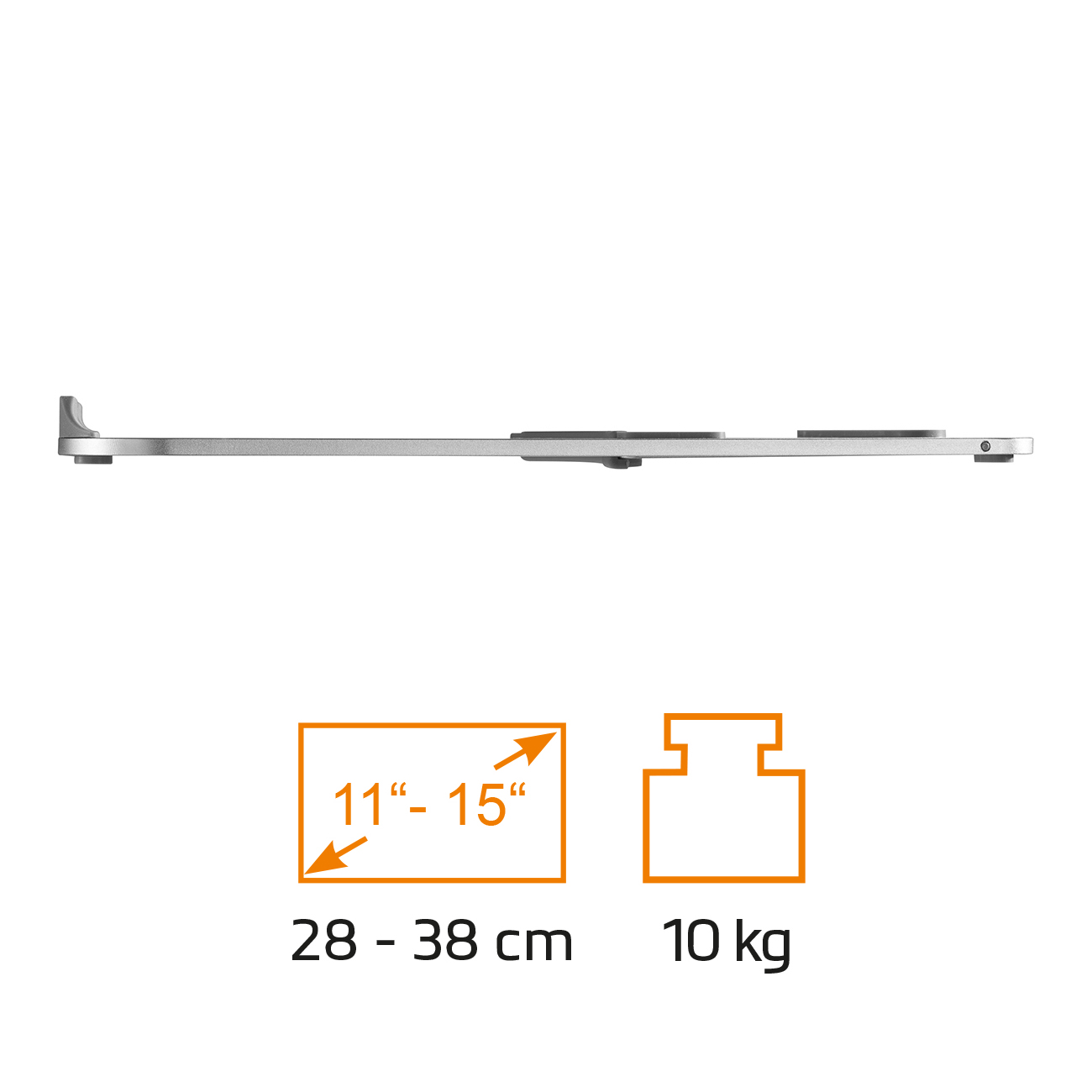 Seitenansicht eines Laptopständers mit Maßangaben für 11"-15" und bis zu 10 kg.