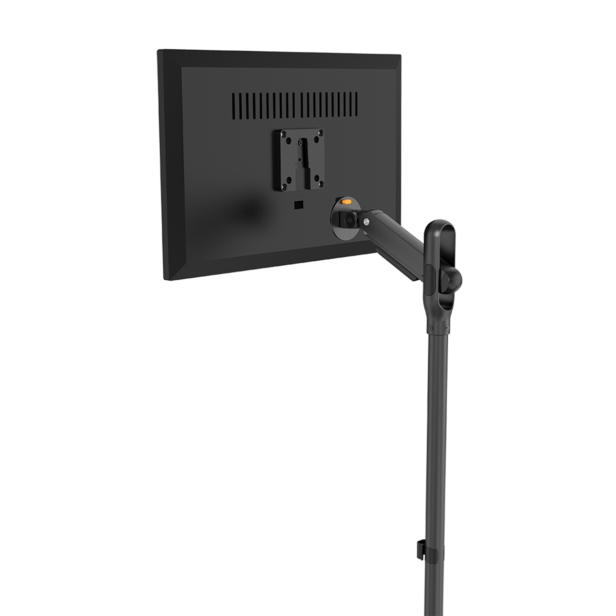 Rückseite eines schwarzen Monitors an einem verstellbaren Arm und Standfuß vor weißem Hintergrund.