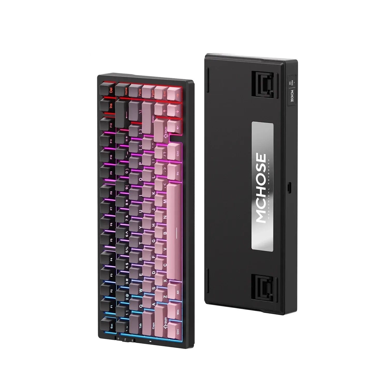 Czarna klawiatura mechaniczna z różowymi i szarymi klawiszami oraz podświetleniem RGB, pokazana z przodu i z tyłu.