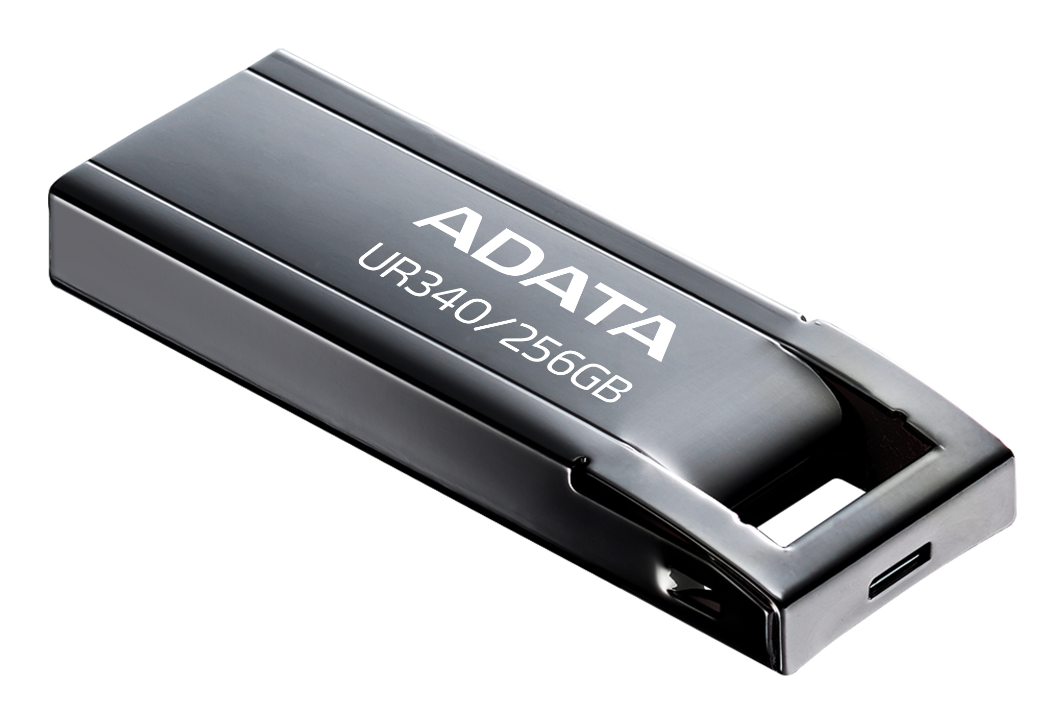 Una chiavetta USB nera ADATA UR340 da 256 GB su sfondo bianco.