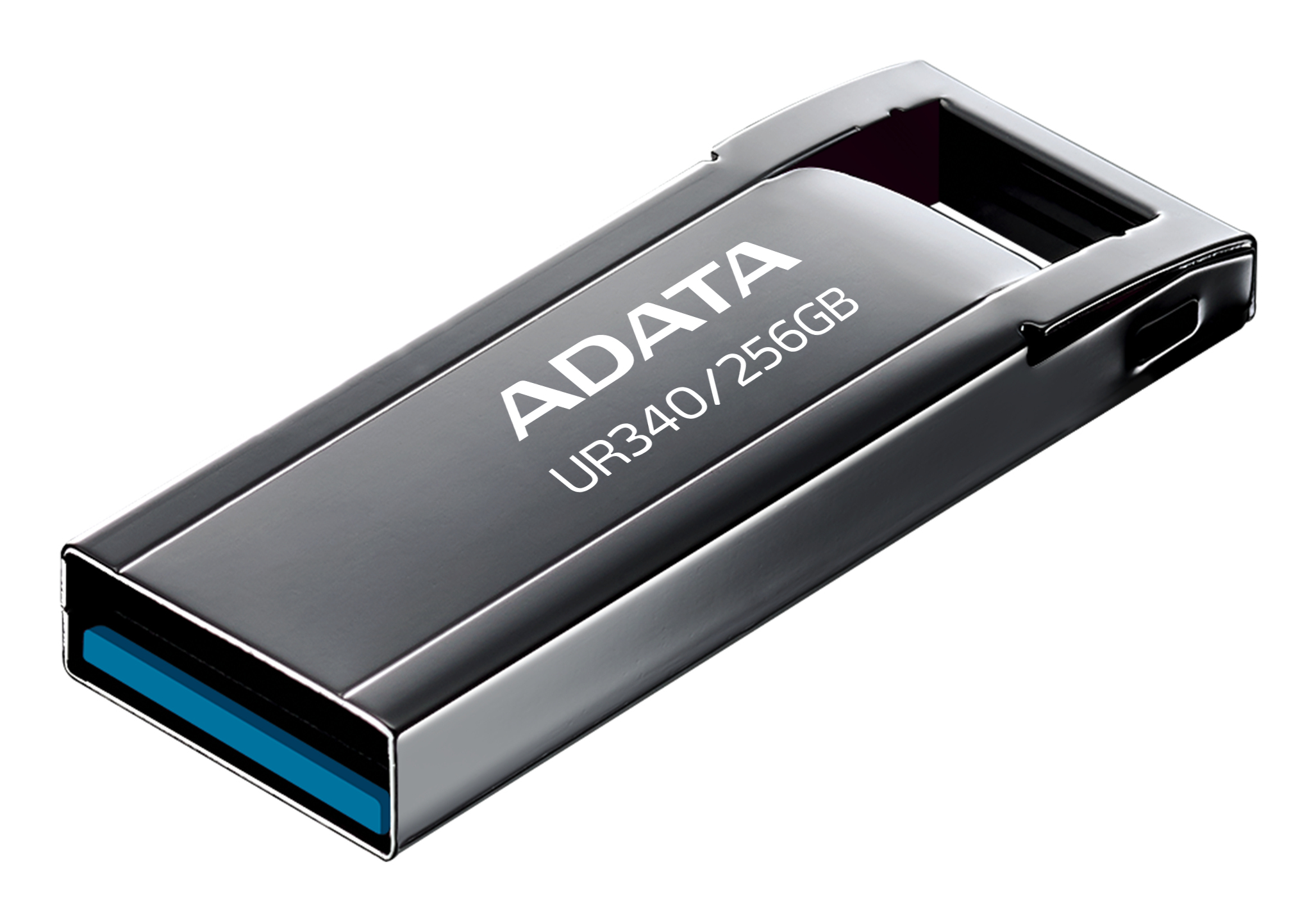 Chiavetta USB nera ADATA UR340 da 256 GB con custodia in metallo su sfondo bianco.