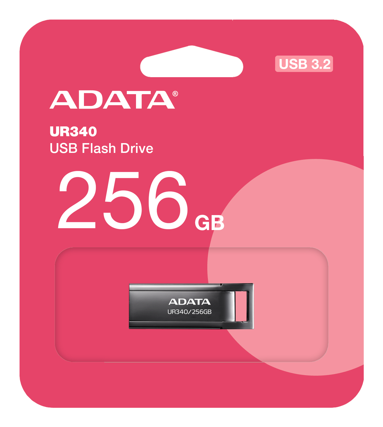 Confezione rosa per chiavetta USB ADATA UR340 USB 3.2 da 256 GB con una piccola unità metallica in blister trasparente.