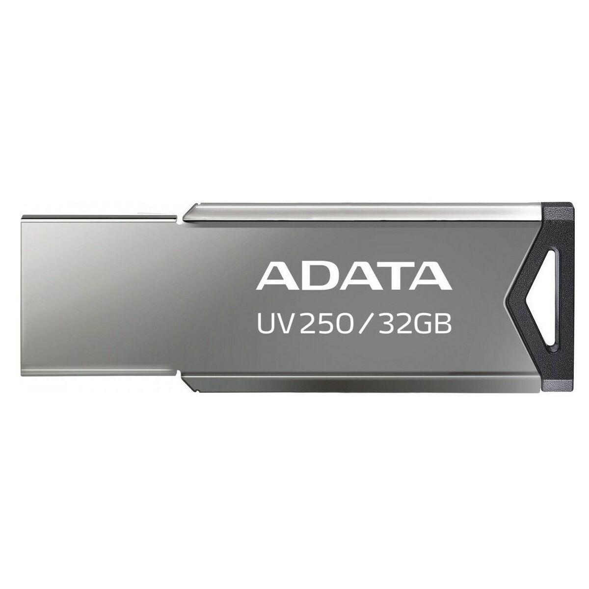 Ein silberner ADATA UV250 32GB USB-Stick mit schwarzem Ende auf weißem Hintergrund.