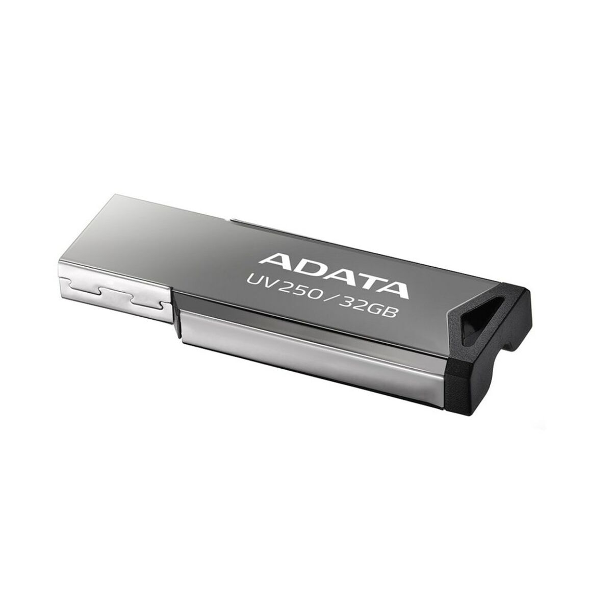 Ein silberner ADATA UV250 32GB USB-Flash-Laufwerk mit schwarzem Ende auf weißem Hintergrund.
