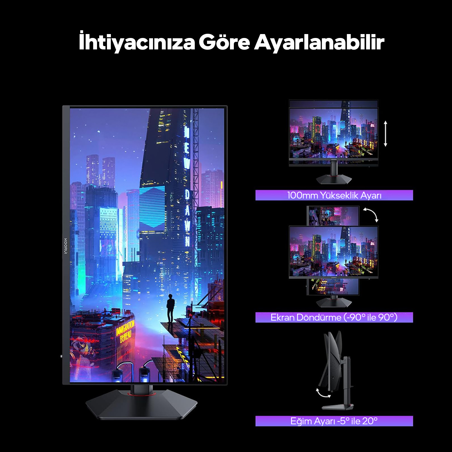 Fütüristik şehirlerin yer aldığı siyah arka planda yükseklik, döndürme ve eğim seçenekleri sunan ayarlanabilir monitör.