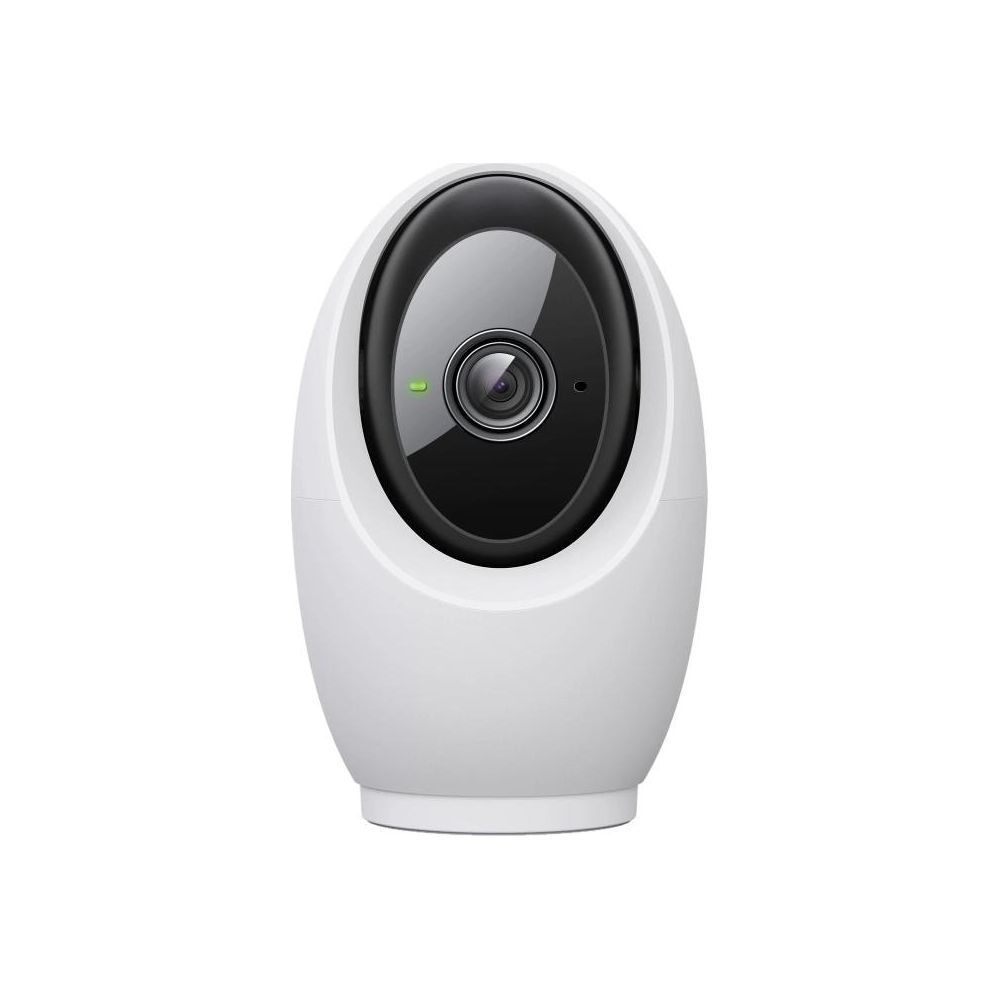 Una telecamera di sicurezza ovale bianca con obiettivo nero e piccolo LED verde su sfondo bianco.