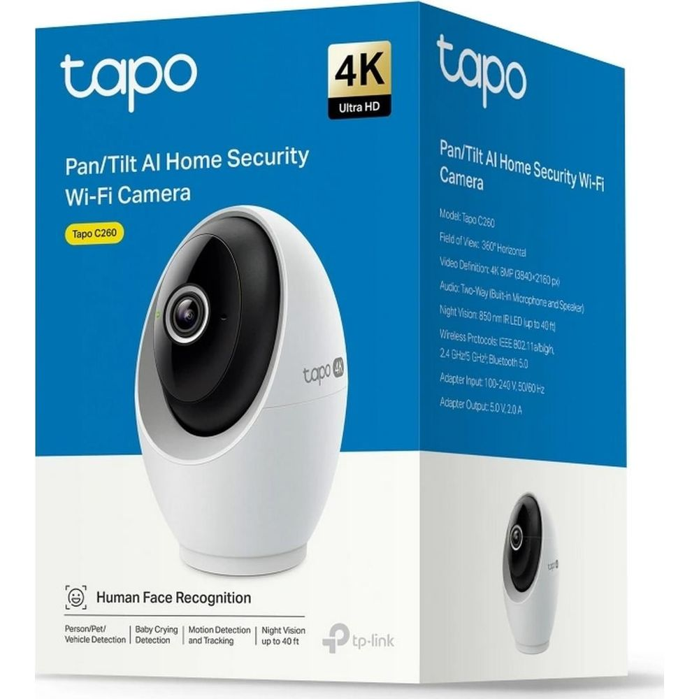 Scatola di prodotto blu per la telecamera di sicurezza Wi-Fi Tapo C260 4K, con immagine della telecamera.