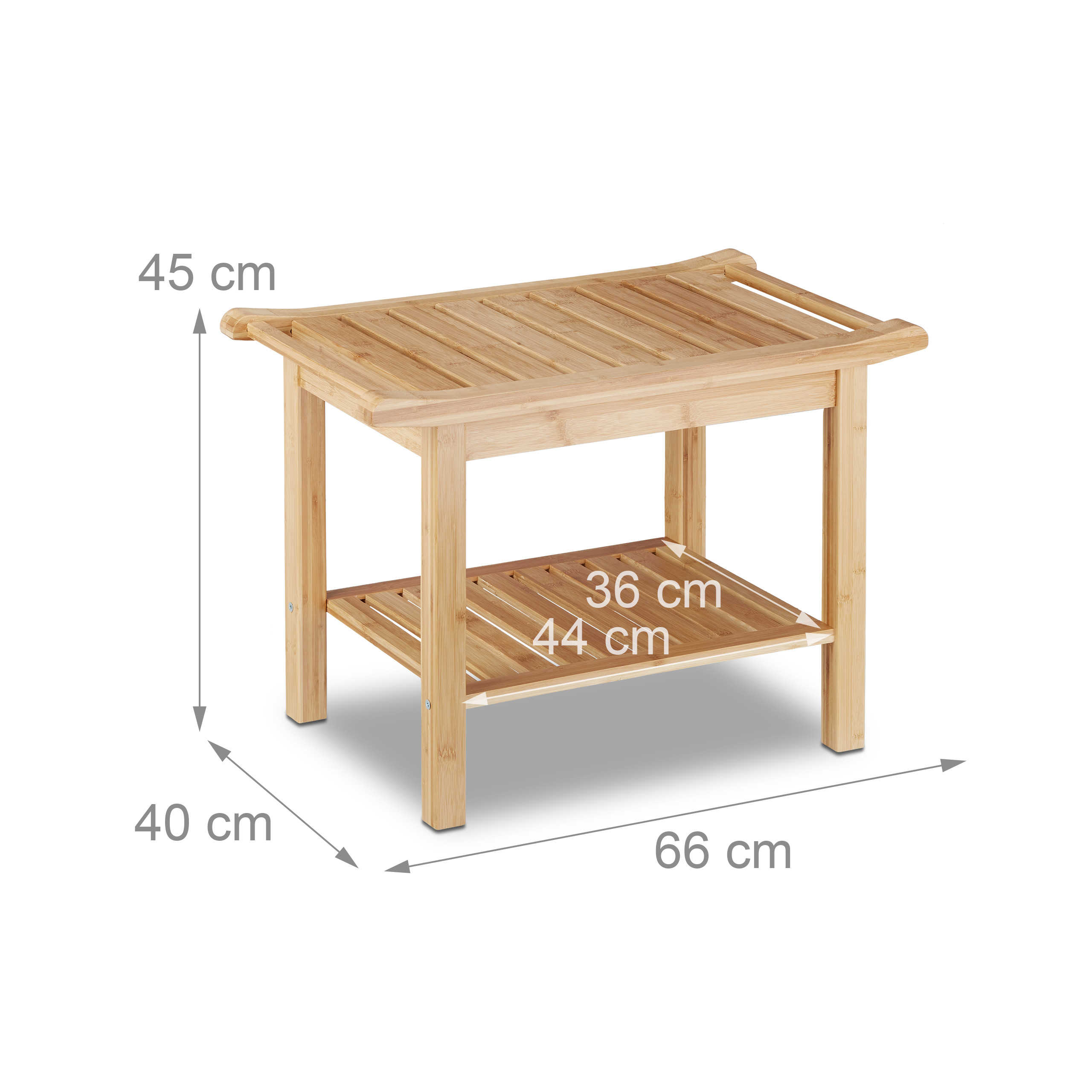 Eine Holzbank mit Lamellen, Mauspfeilen für 66 cm Breite, 40 cm Tiefe, 45 cm Höhe und einer Ablage.