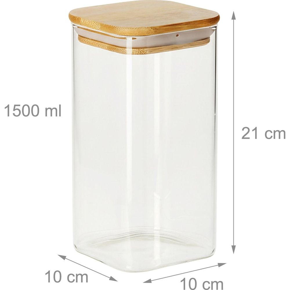 Ein gläserner Vorratsbehälter mit Holzdeckel, 1500 ml, mit Maßangaben.