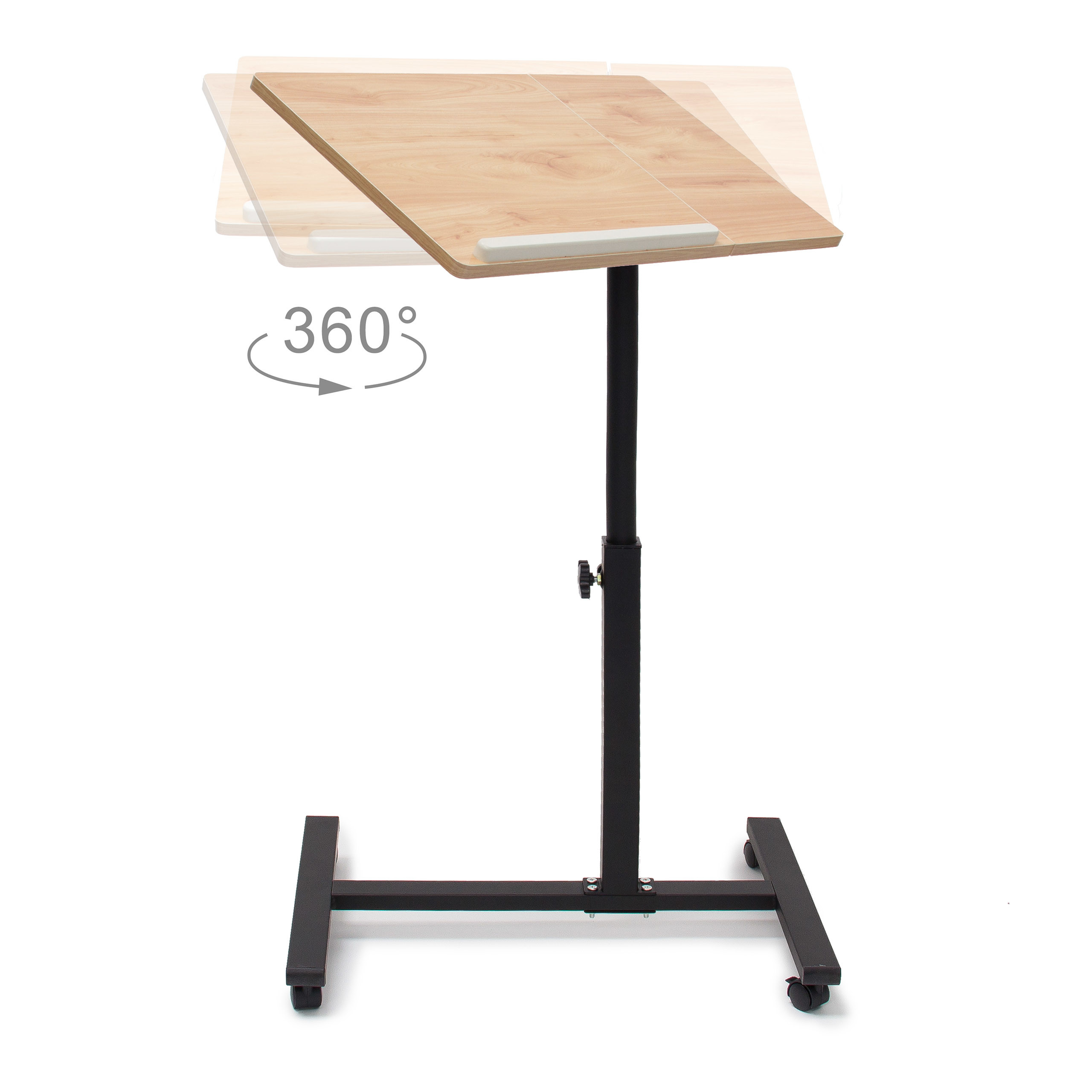Ein höhenverstellbarer Laptoptisch mit Holztplatte, schwarzem Metallgestell und Rollen auf weißem Hintergrund.