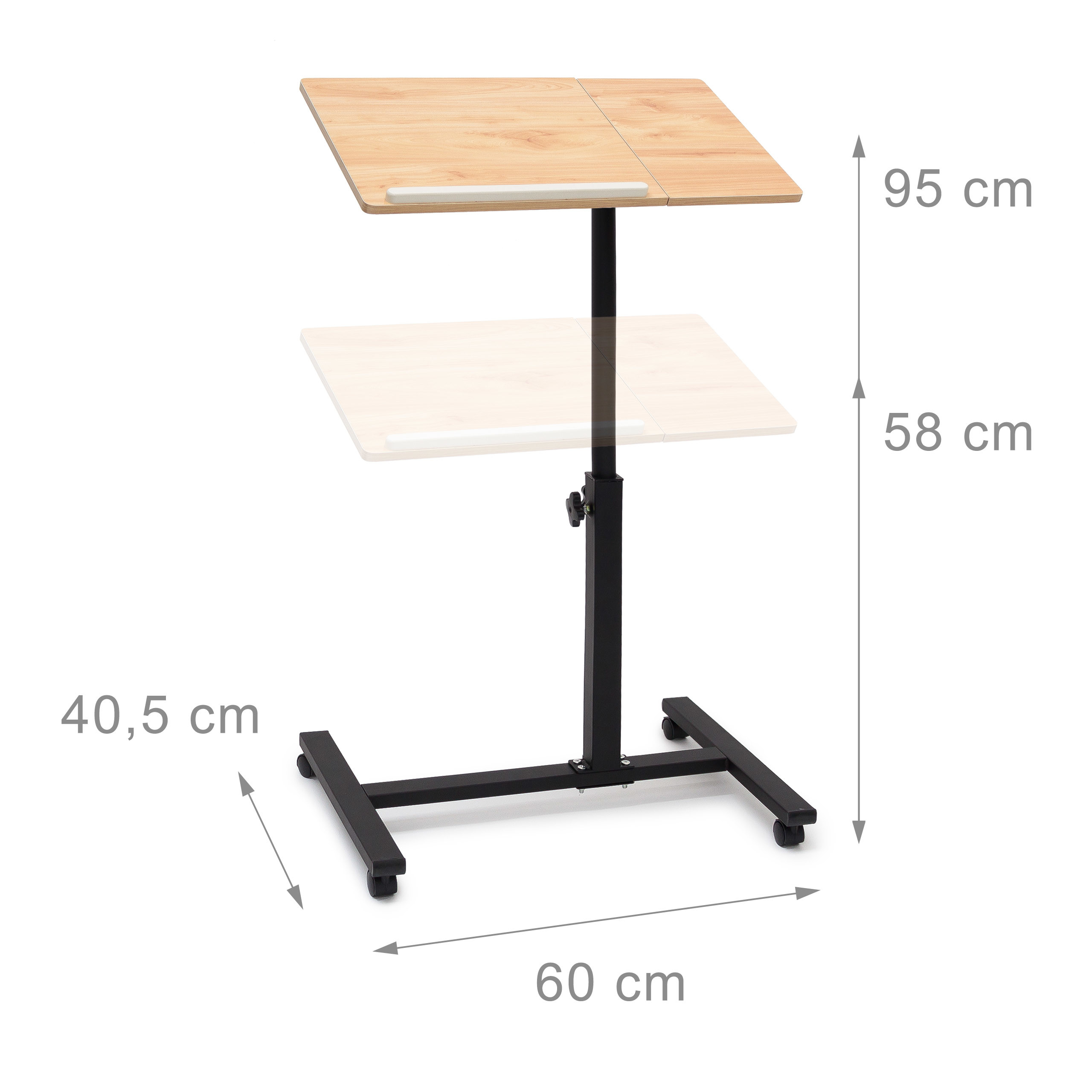 Ein verstellbarer mobiler Laptoptisch mit Holzmaserung, schwarzem Metallgestell und Maßangaben.