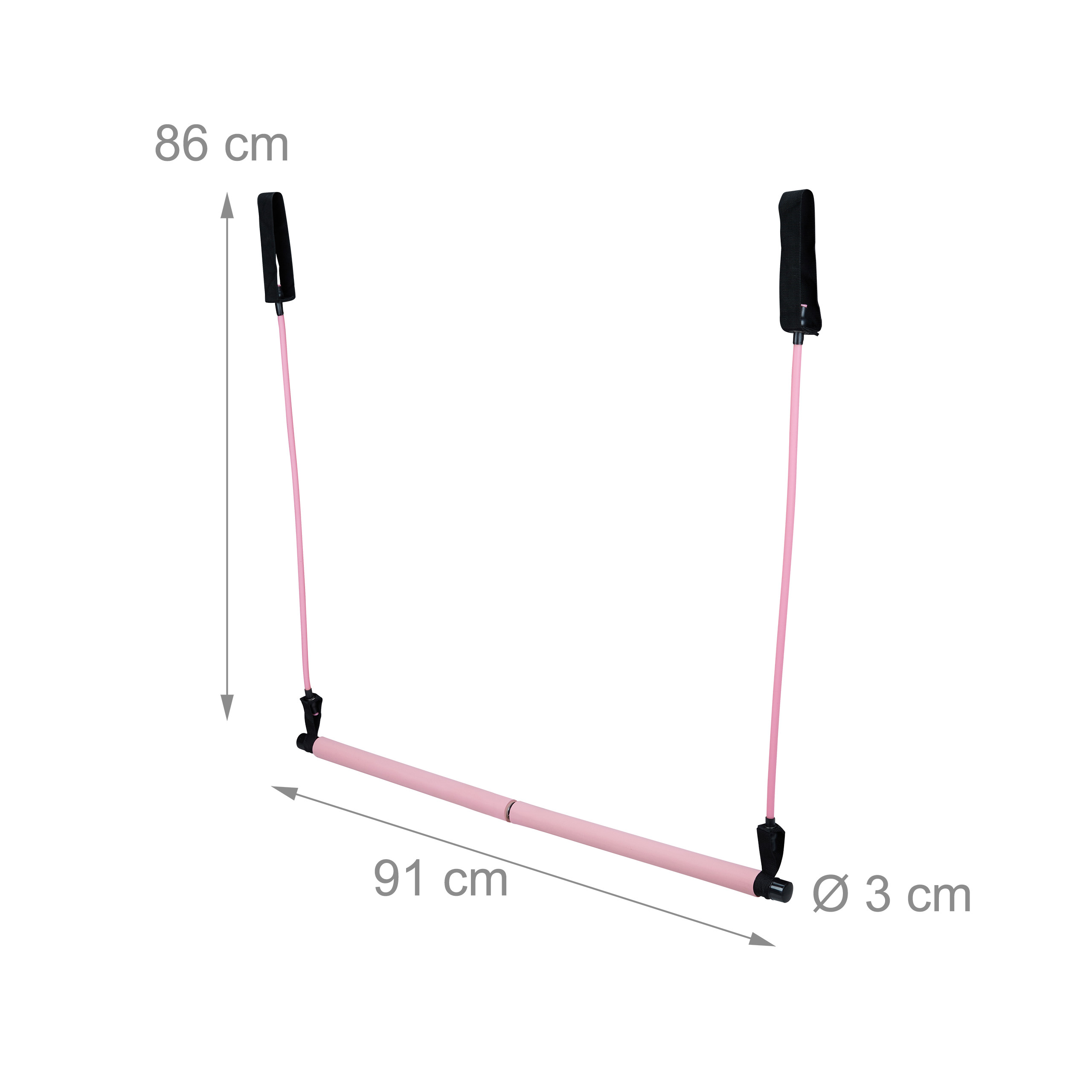 Rosa Pilatesstange mit Bändern und Maßen gegen einen weißen Hintergrund.