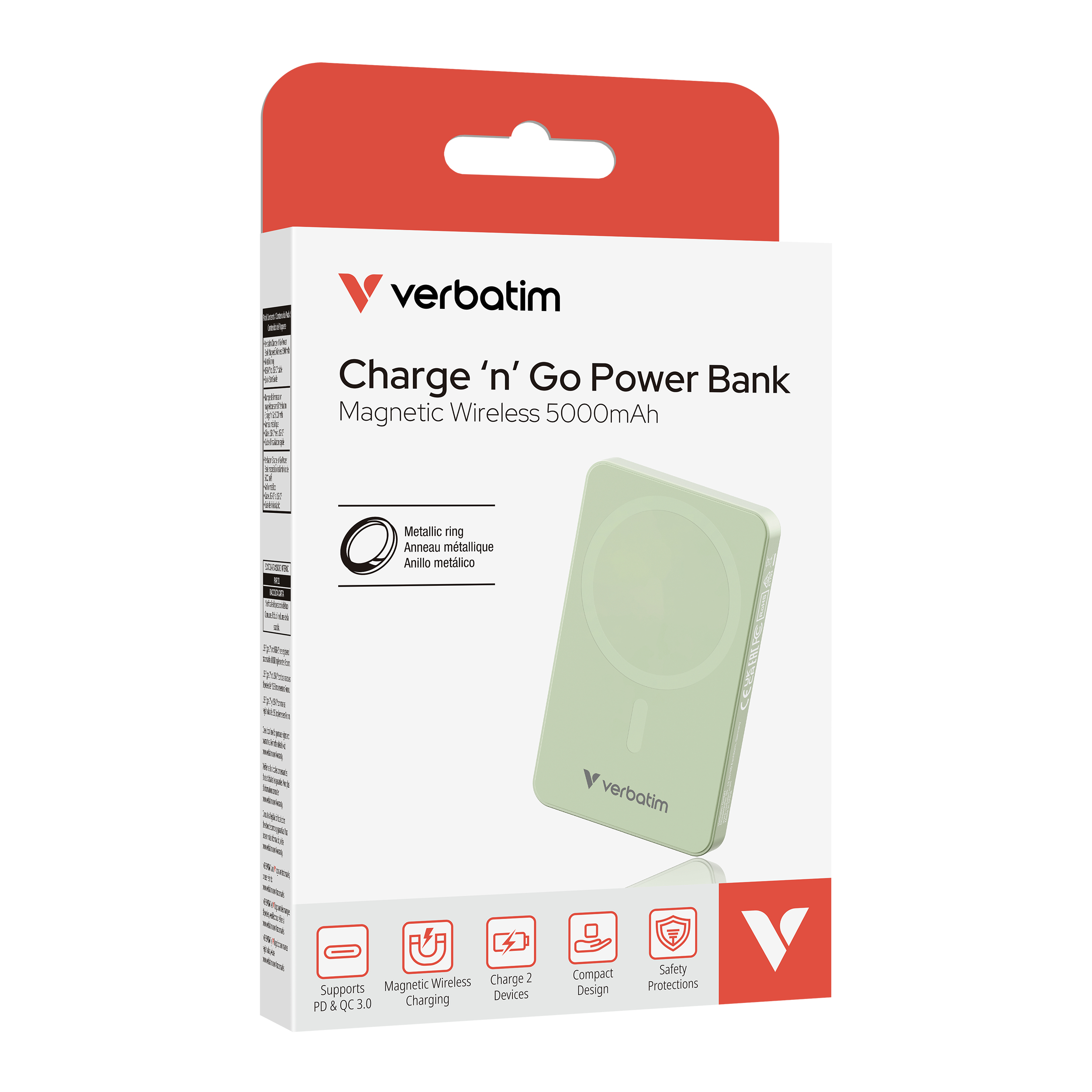 Verbatim Charge n Go Powerbank in Verpackung mit Produktinfos und Icons.