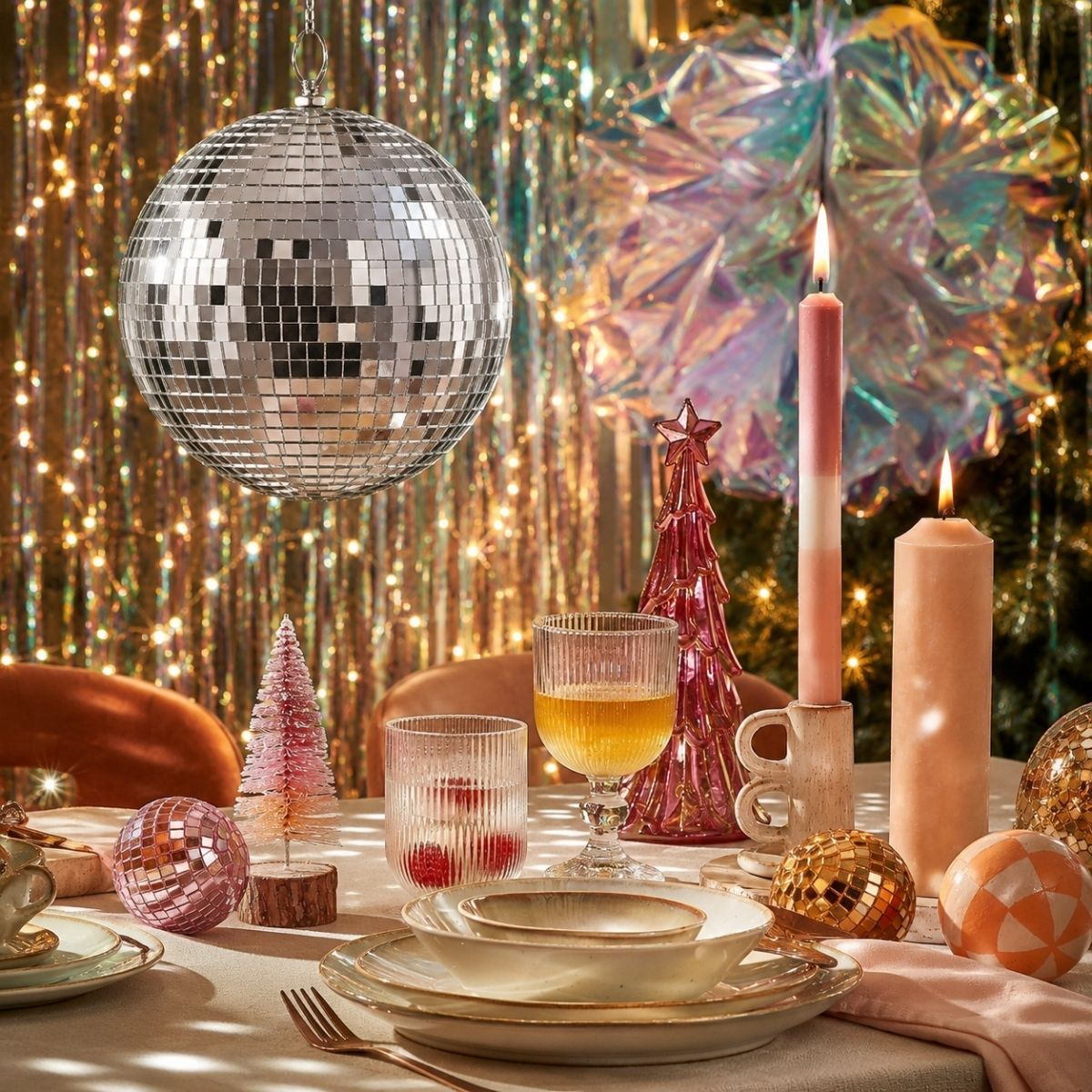 Table de fête avec boule à facettes, bougies et décorations sur fond étincelant.