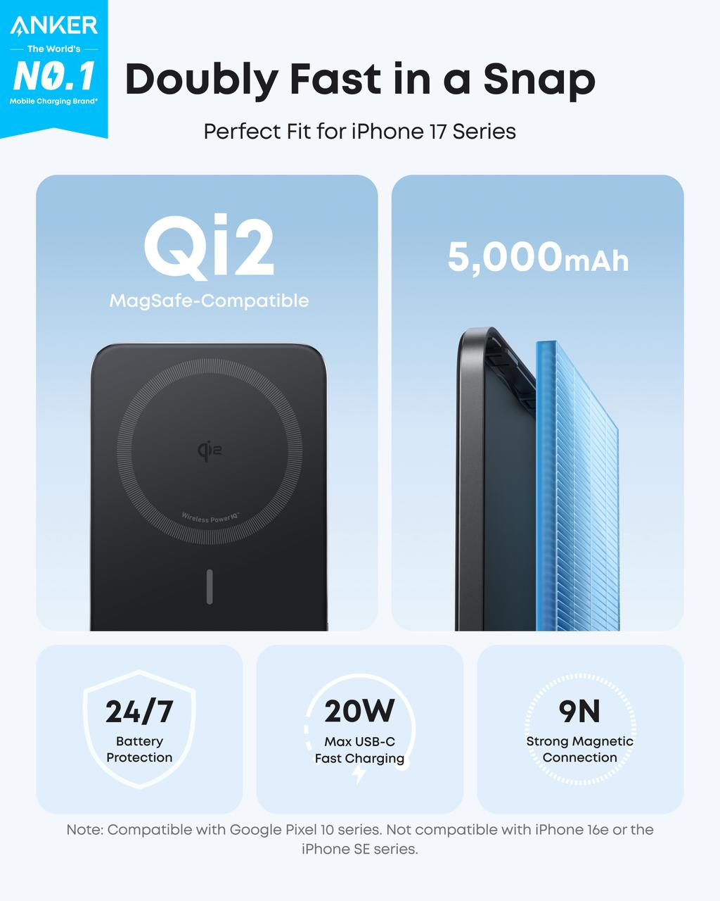 Power bank Anker Qi2 compatibile MagSafe da 5.000 mAh con forte connessione magnetica.