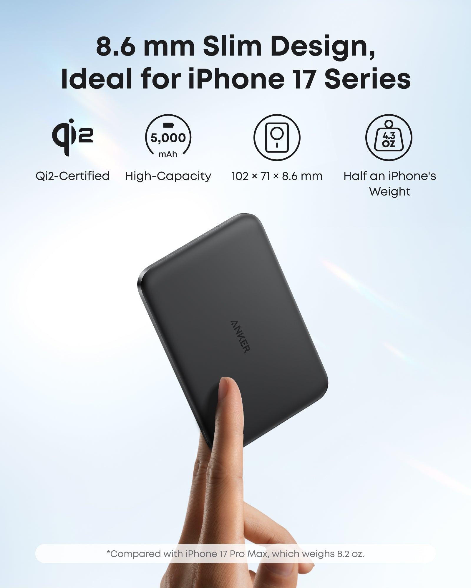 Una mano tiene un power bank Anker nero sottile su sfondo chiaro con caratteristiche.