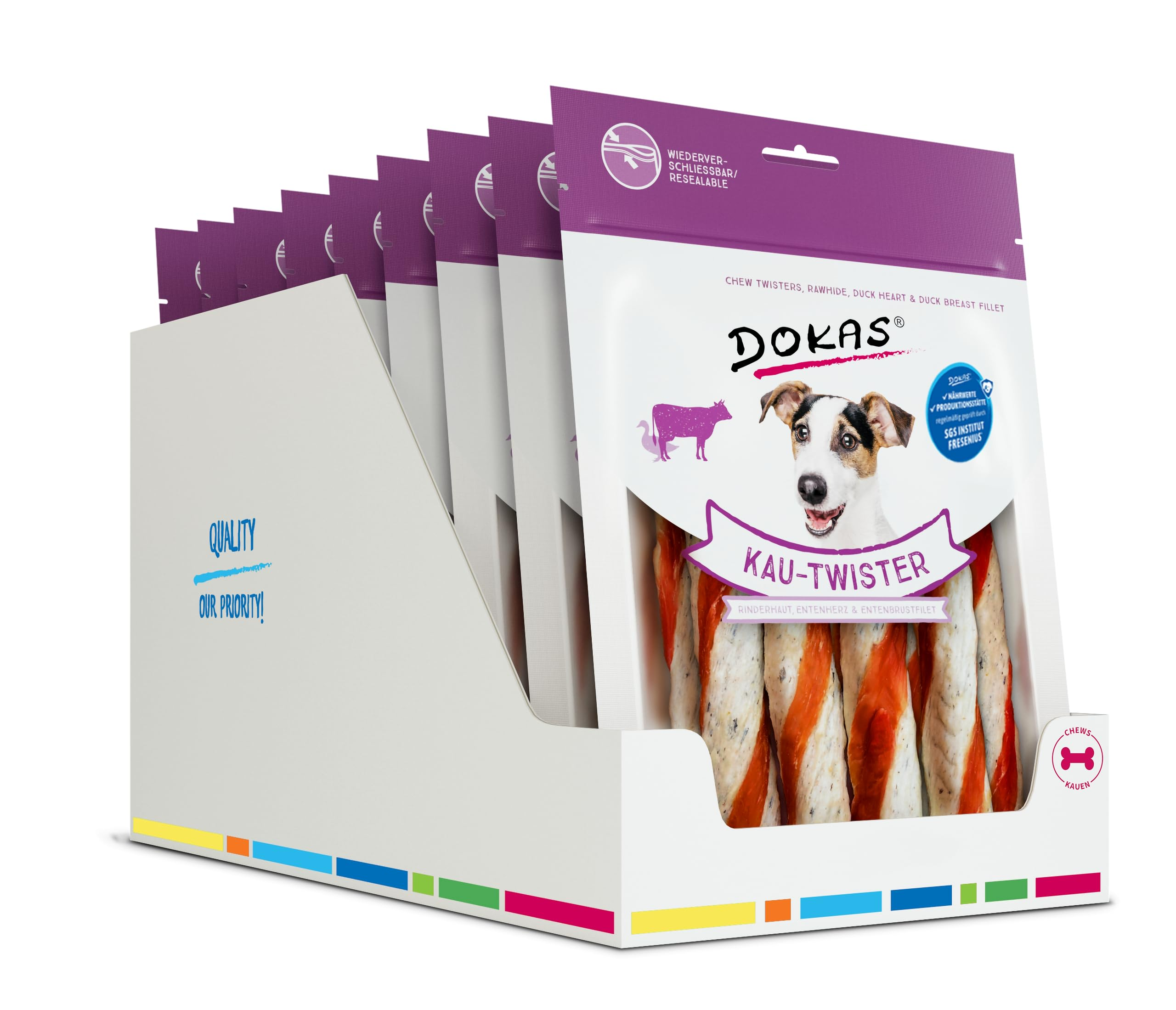 Ein weißer Verkaufsaufsteller gefüllt mit Dokas Kau-Twister-Hundesnacks in violett-weißen Verpackungen.