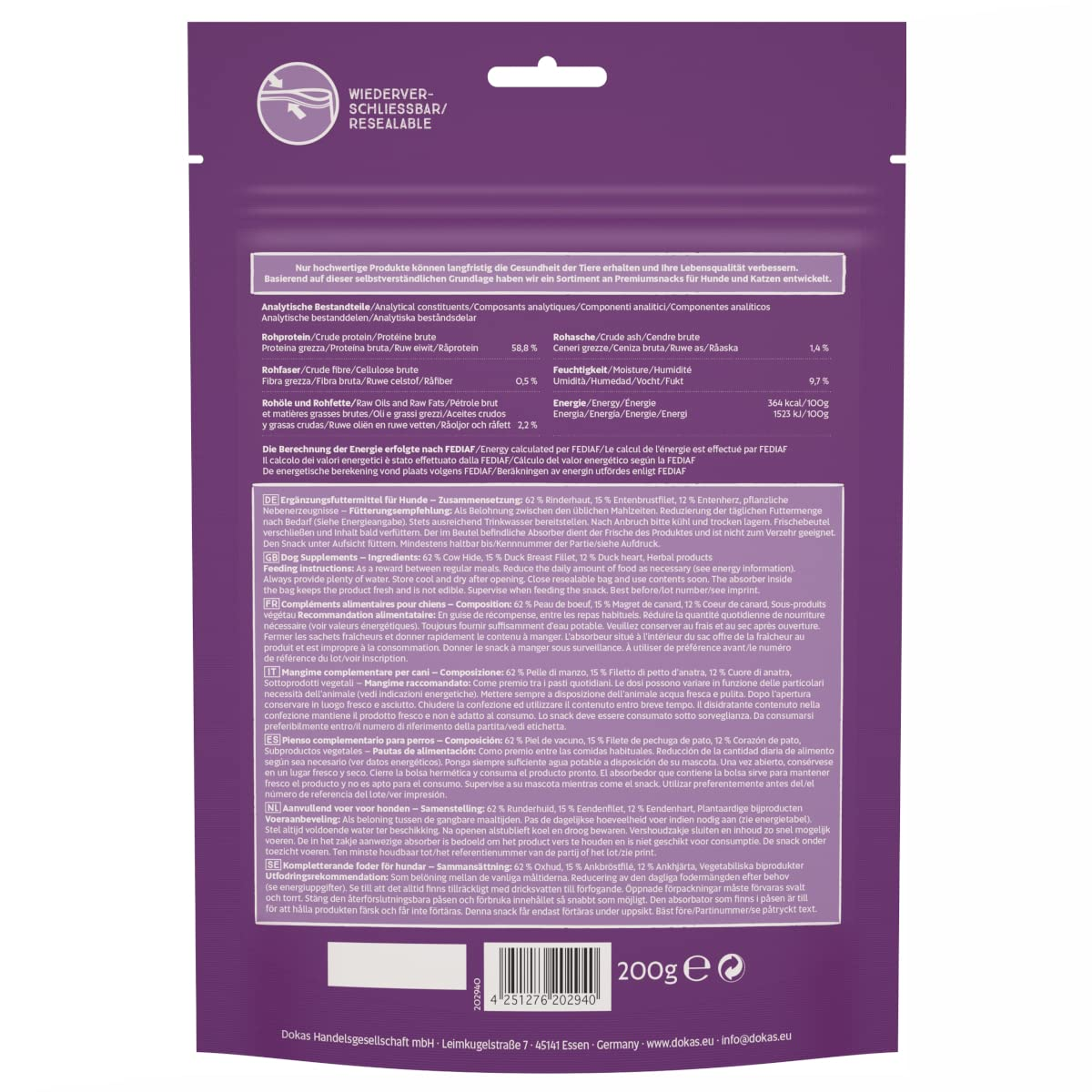 Rückseite einer violetten Tierfutterverpackung mit Text, Zutaten, Nährwerten und einem 200g-Symbol.