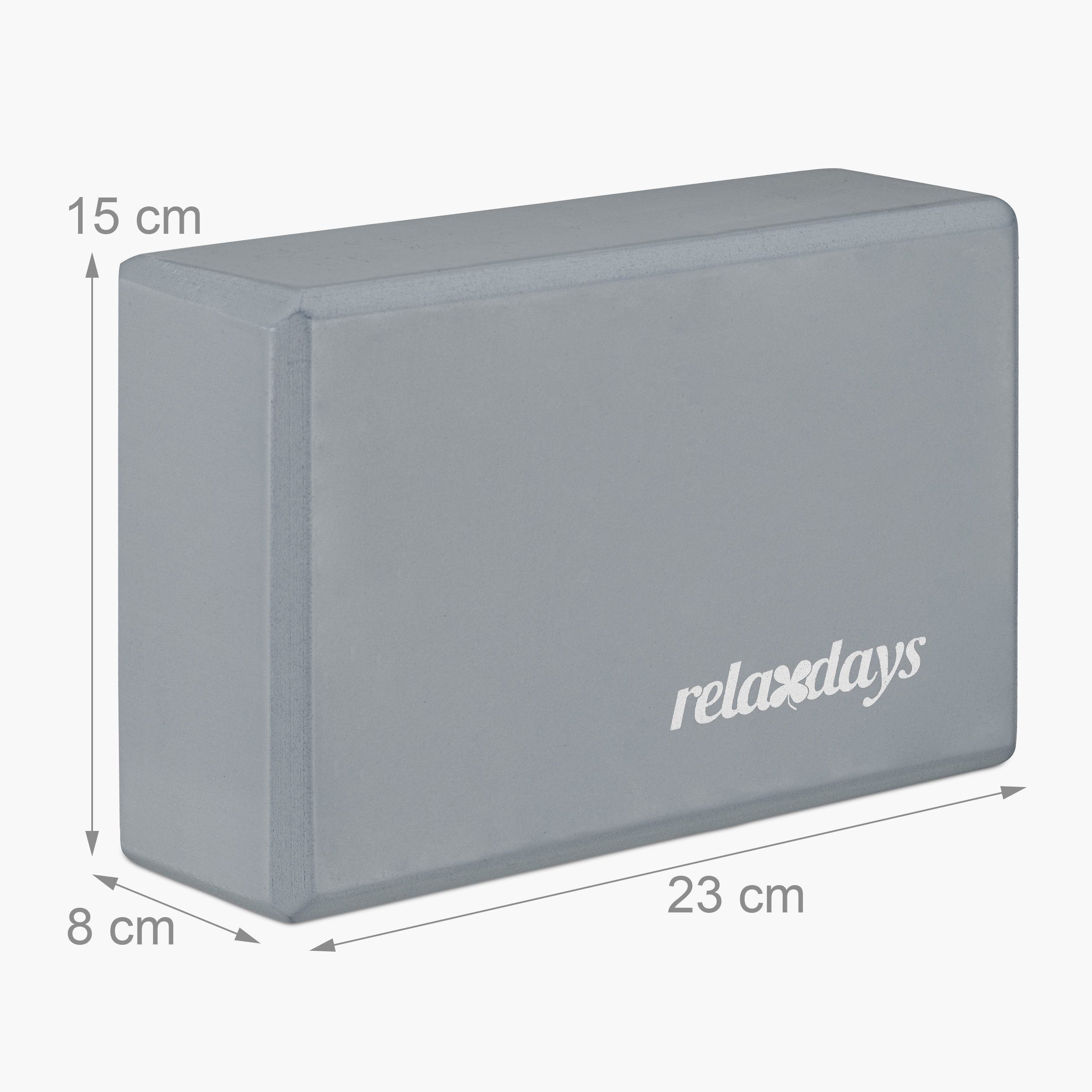 Ein grauer Yogablock mit den Maßen 23x15x8 cm und Relaxdays-Logo.