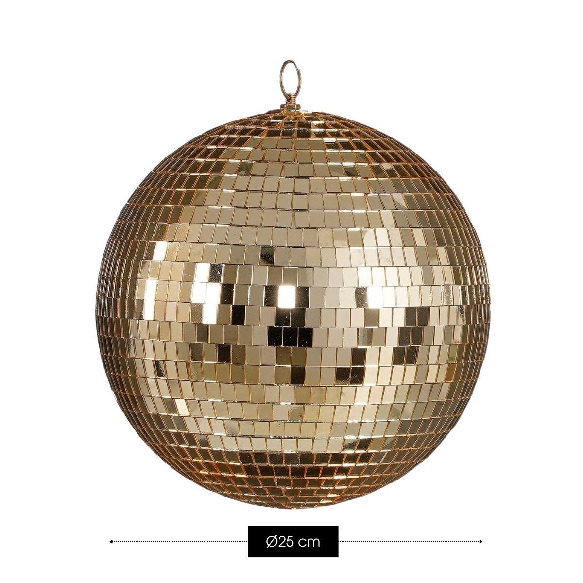 A shiny gold disco ball measuring 25 cm in diameter against a white background.