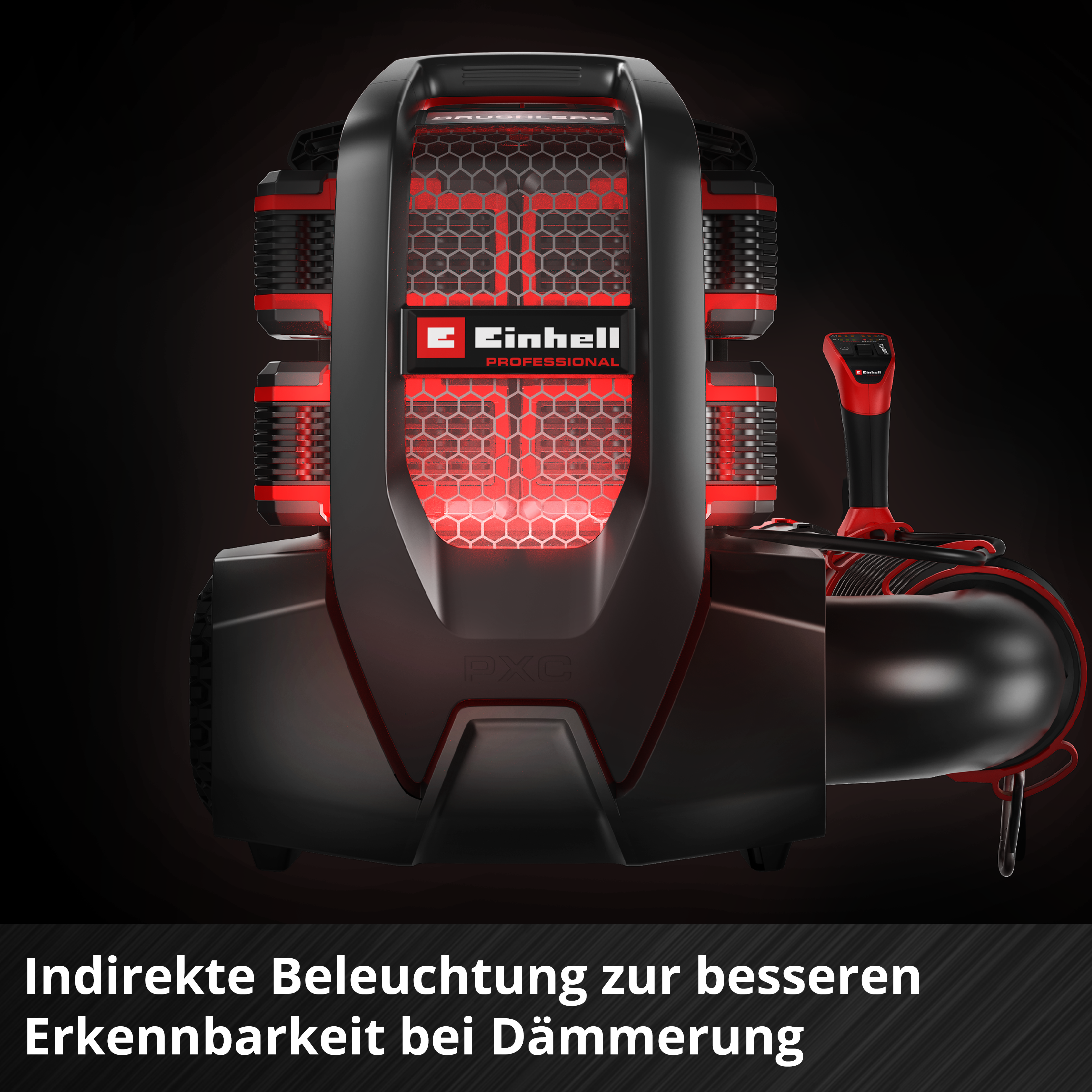 Einhell Professional Werkzeug mit rot leuchtendem Licht auf schwarzem Hintergrund und deutschem Text unten.