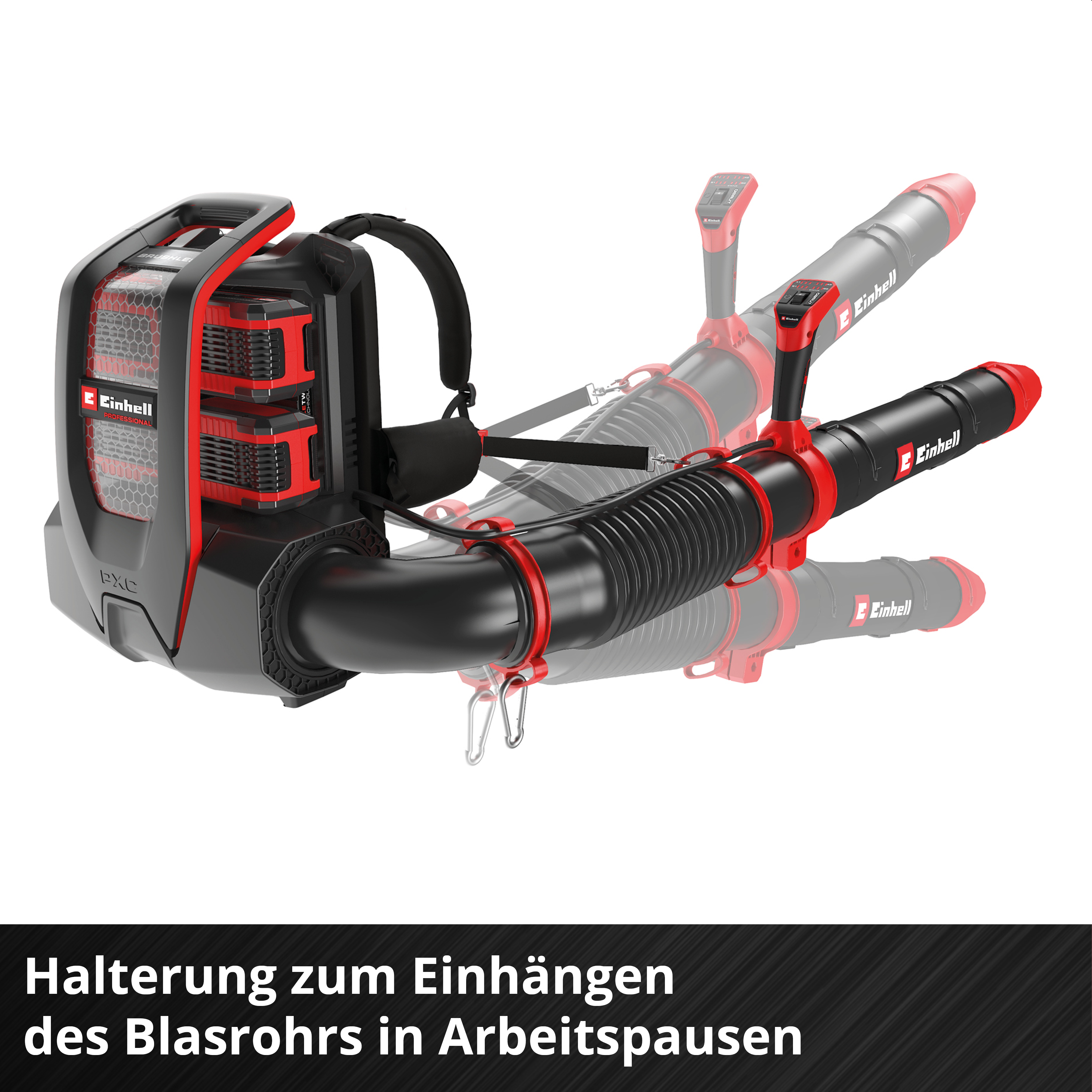 Einhell Akku-Laubbläser mit Rucksack und Halterung zur Befestigung des Blasrohrs.