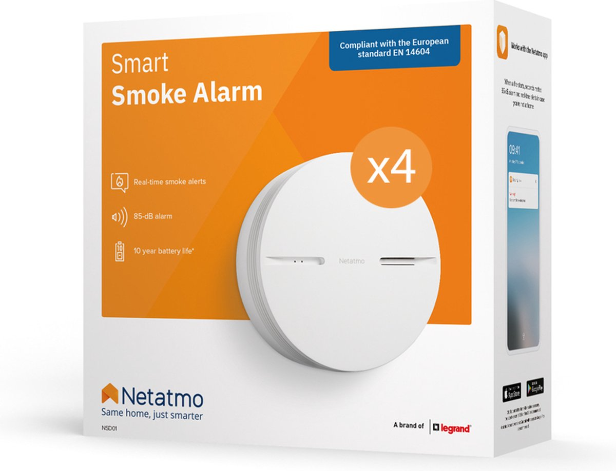 Netatmo Smart Smoke Alarm Box in Weiß und Orange mit Produktabbildung und Texten wie Real-time smoke alerts.