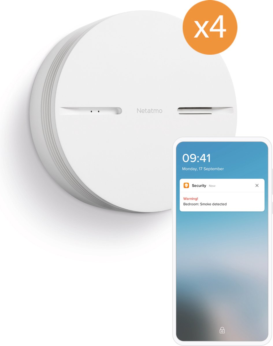 Weißer Netatmo Rauchmelder und Smartphone mit Warnmeldung.