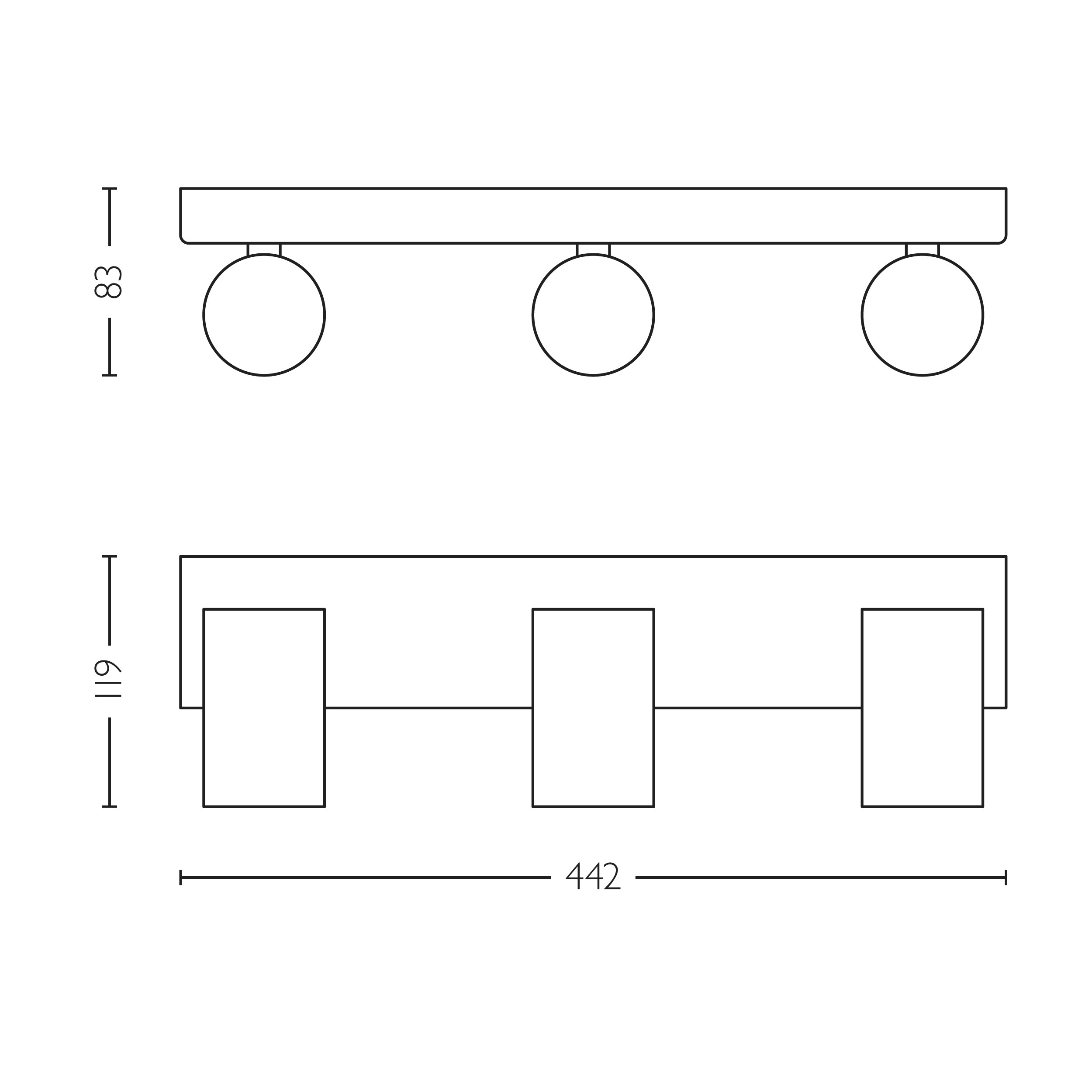 Dessin technique d'une applique murale triple avec dimensions.