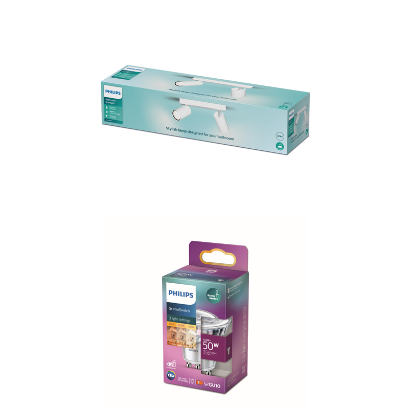 Boîte de spot de salle de bain Philips au-dessus d'une boîte d'ampoule LED SceneSwitch sur fond blanc.