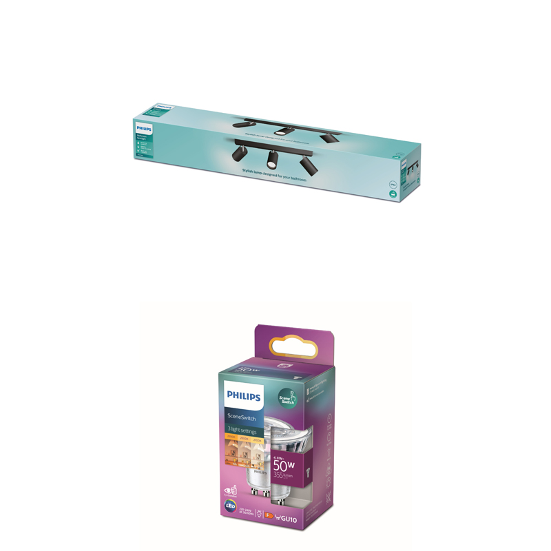 Emballage d'une ampoule LED Philips et d'un plafonnier de salle de bain sur fond blanc.