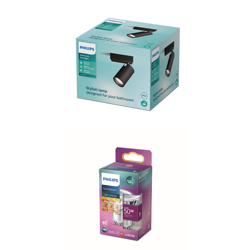 Boites d'emballage pour un spot de salle de bains Philips et une ampoule LED Philips.