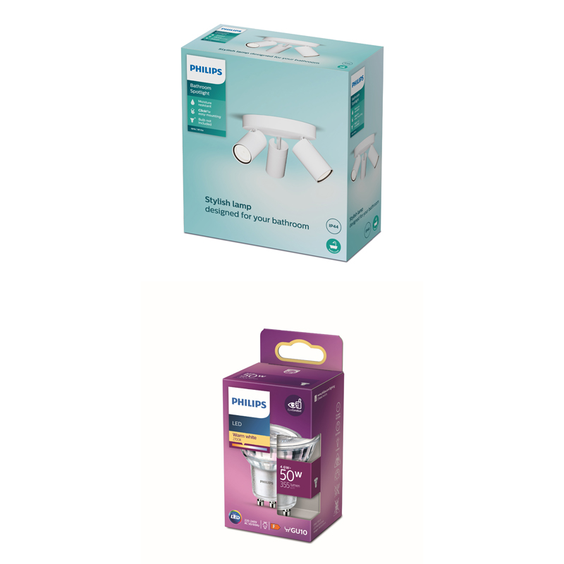 Deux boîtes de produits Philips : un spot de salle de bain bleu clair au-dessus d'une boîte d'ampoule LED violette et blanche.