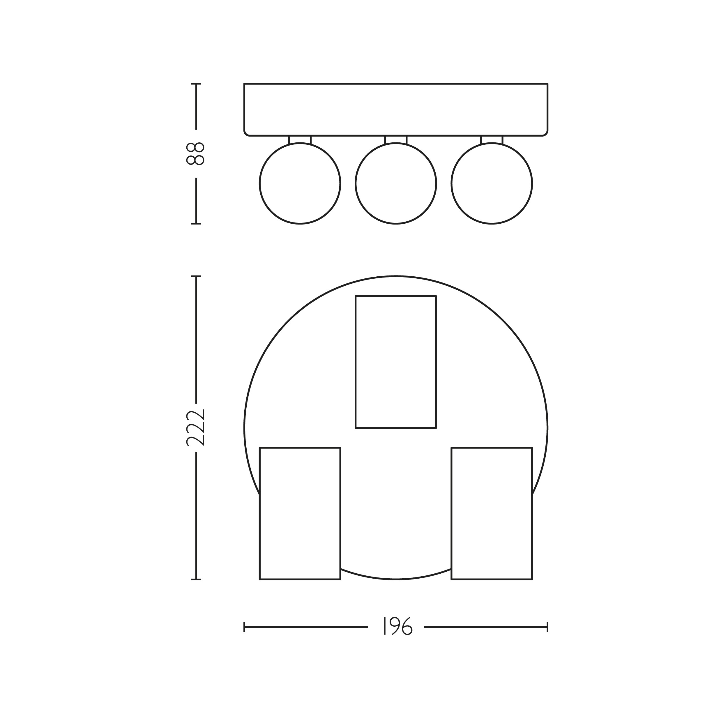 Dessin technique d'un luminaire avec des dimensions en millimètres pour la hauteur et la largeur.