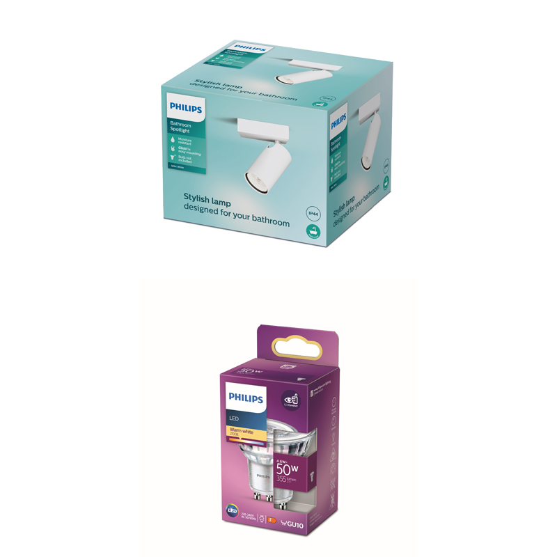 Deux boîtes d'emballage Philips : une boîte de spot de salle de bain turquoise et une boîte d'ampoule LED violette.