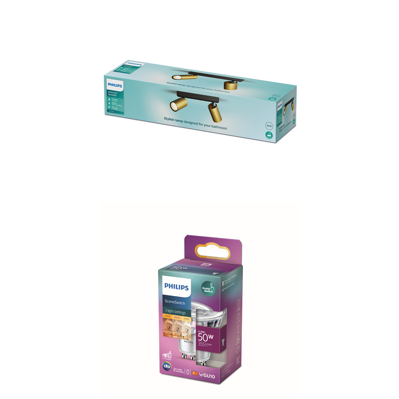 Emballage de produit Philips montrant un spot de salle de bain et une boîte d'ampoule sur fond blanc.