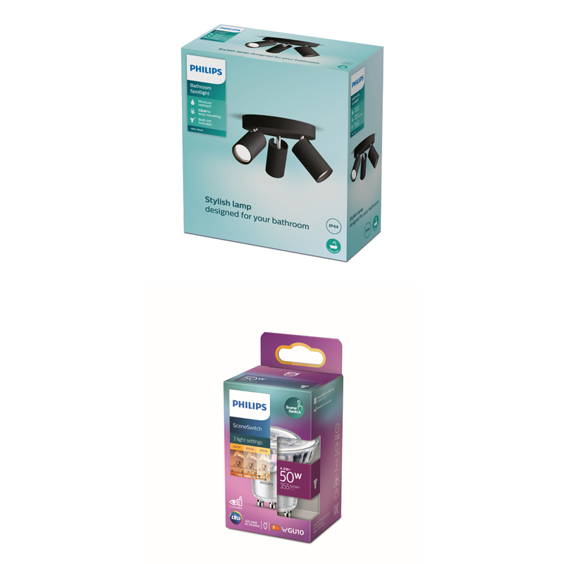 Boîtes d'emballage pour un spot de salle de bains Philips et une ampoule LED Philips SceneSwitch.