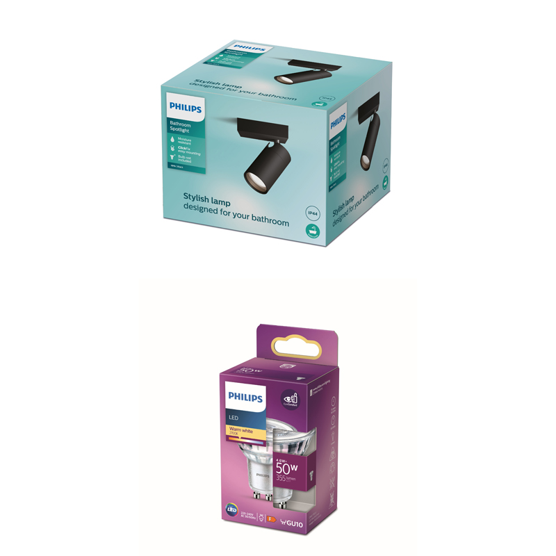 Boîte de spot Philips et boîte d'ampoule LED Philips sur fond blanc.