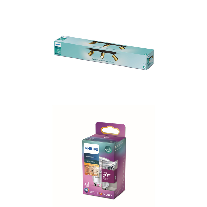 Emballage d'une ampoule LED Philips et d'un spot de plafond LED sur fond blanc.