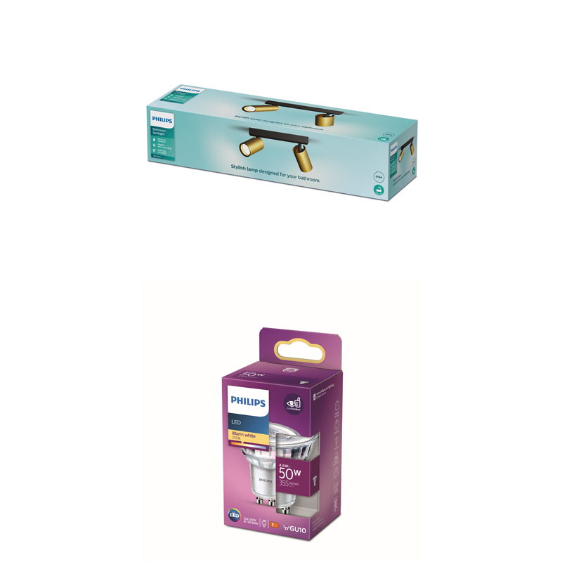 Boîtes de produits Philips pour un spot de salle de bain et une ampoule LED GU10 sur fond blanc.