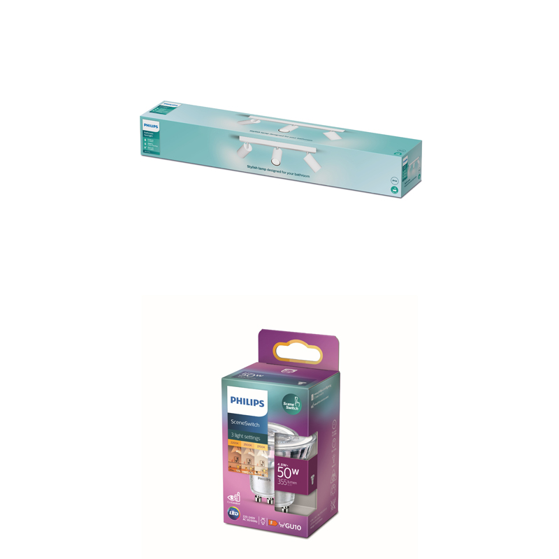 Emballages de produits d'éclairage Philips, une longue boîte de luminaire et une petite boîte d'ampoule.