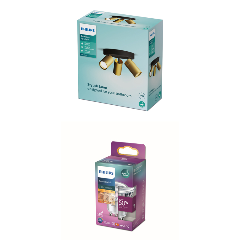Emballage de produit Philips pour un spot de salle de bain et une ampoule LED SceneSwitch.
