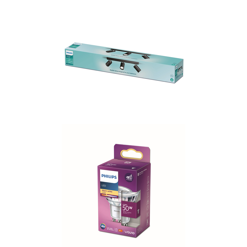 Une boîte d'emballage d'ampoule LED Philips en violet et blanc sur fond blanc.