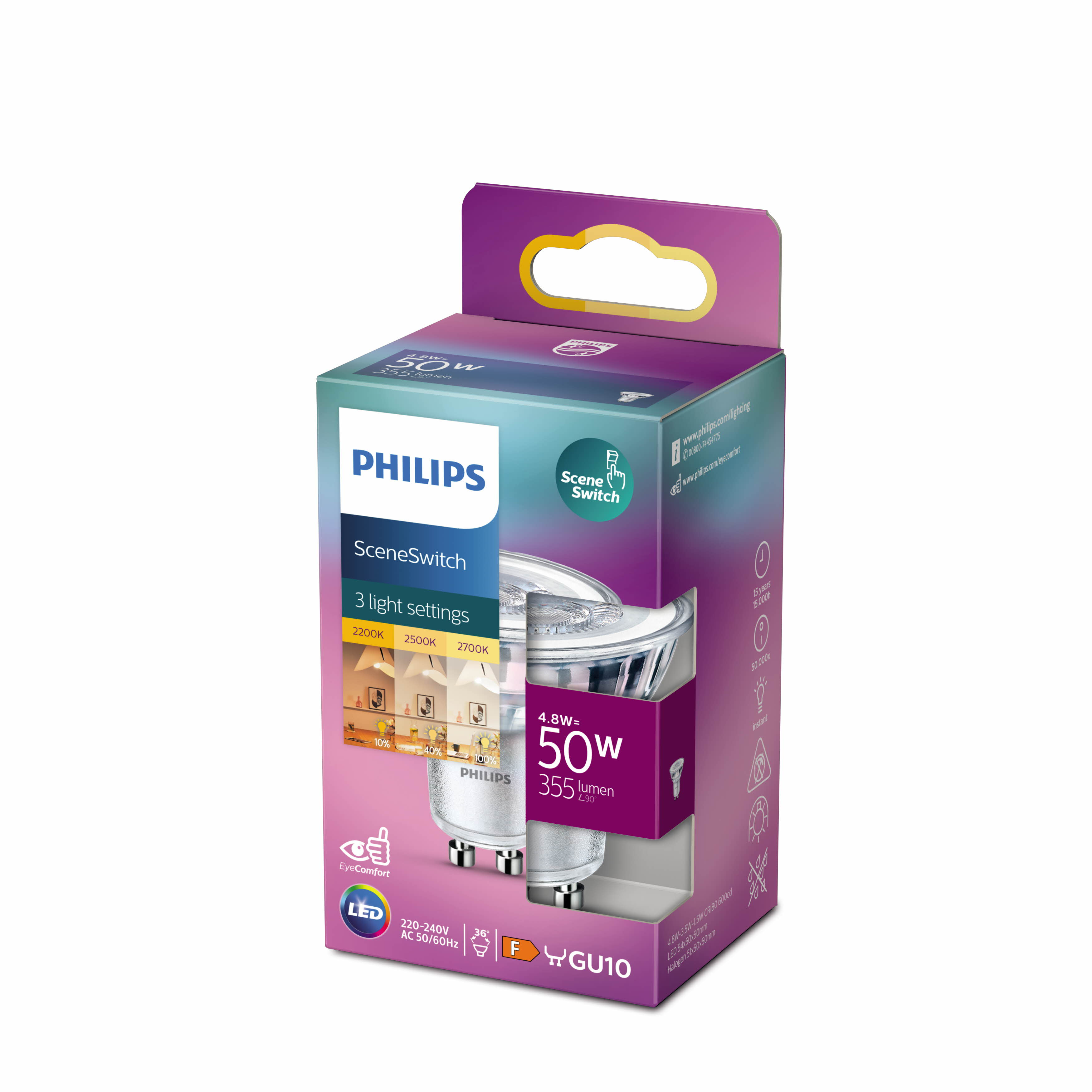 Une boîte d'ampoule LED GU10 Philips violette et turquoise montrant 3 réglages d'éclairage et 50W.