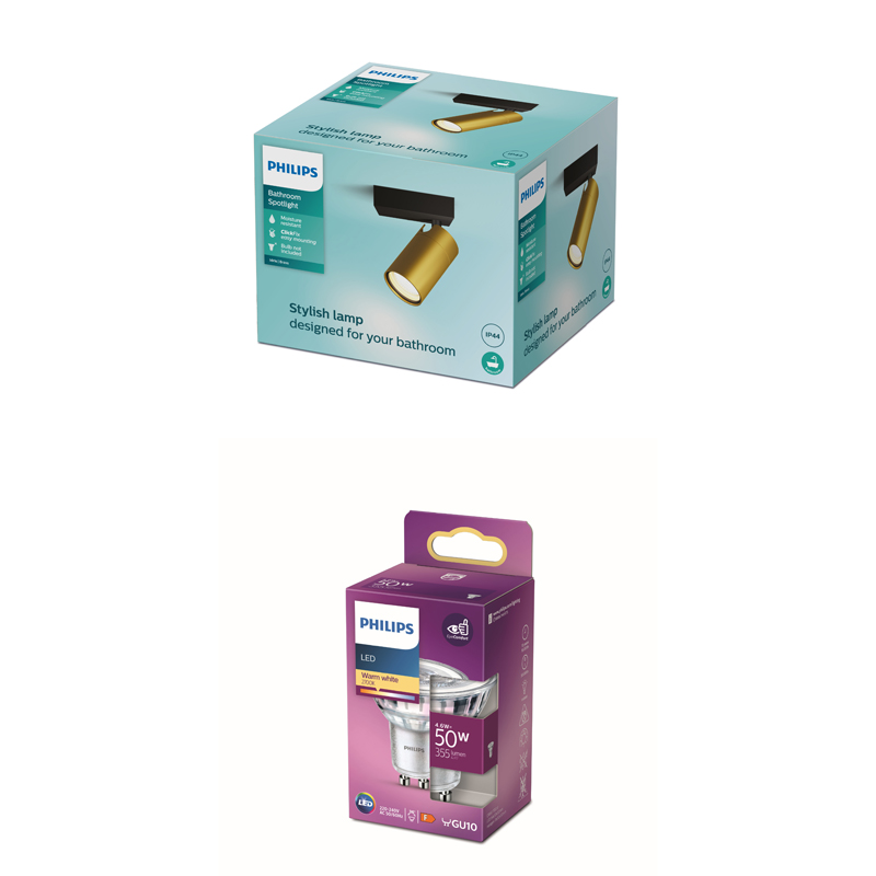 Boîte d'emballage pour spot de salle de bain Philips avec fixation dorée et noire.