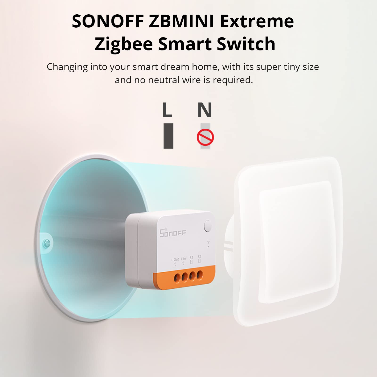 Diagrama de un Sonoff ZBMINI Extreme Zigbee Smart Switch en una caja de pared sin cable neutro.